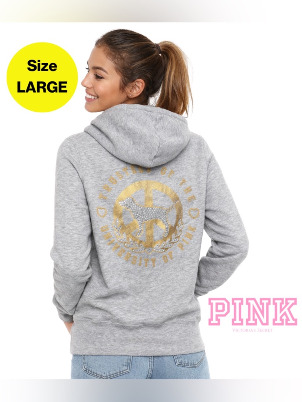 2/for $20 🪩 Light Gray Hoodie, Gold PINK Dog Logo by Victoria's Secret (Large)